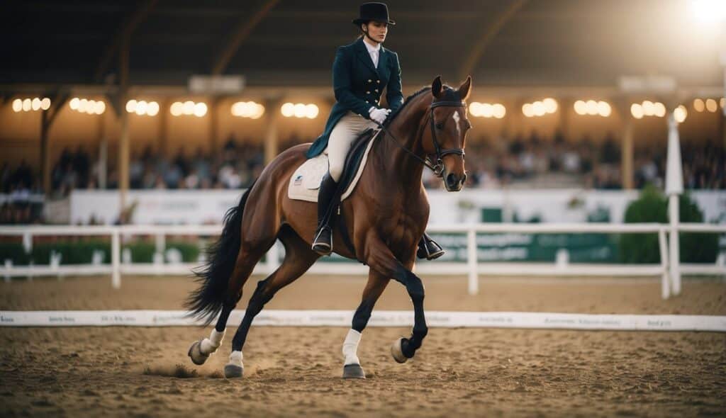 A rider executing advanced dressage movements in a well-lit arena with precise horse movements and focused rider posture