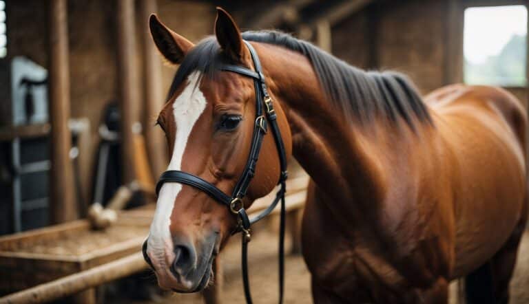 A beginner's guide to horse care, showing grooming tools and a happy, well-groomed horse in a clean, well-lit stable