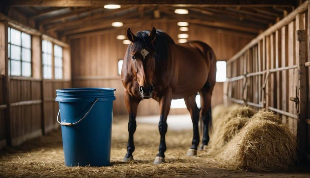 A horse standing in a spacious and clean stable, with fresh bedding and a bucket of clean water. Hay and feed are neatly arranged in the corner, and grooming tools hang on the wall