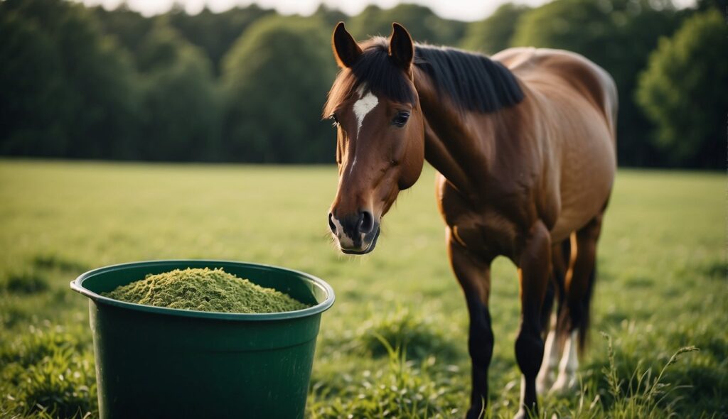 A horse standing in a lush green pasture, eating from a bucket of healthy feed, with a clean and well-groomed appearance
