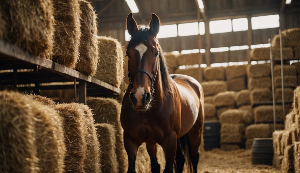 A horse and rider in a stable, surrounded by bales of hay, buckets of water, and bags of horse feed. A saddle and bridle hang on a nearby hook
