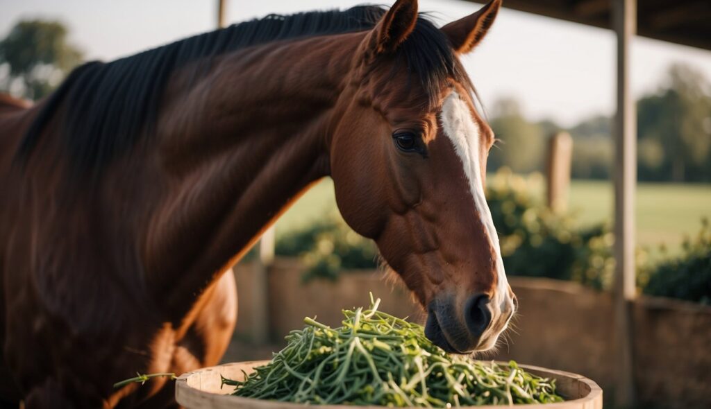 A horse eating specialized nutrients for performance enhancement in a stable setting