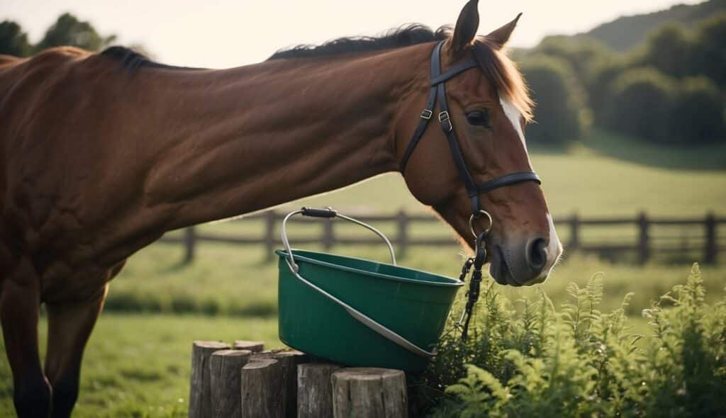 A horse grazing in a lush green pasture, with a bucket of fresh water nearby. A rider's helmet and boots sit on a fence post