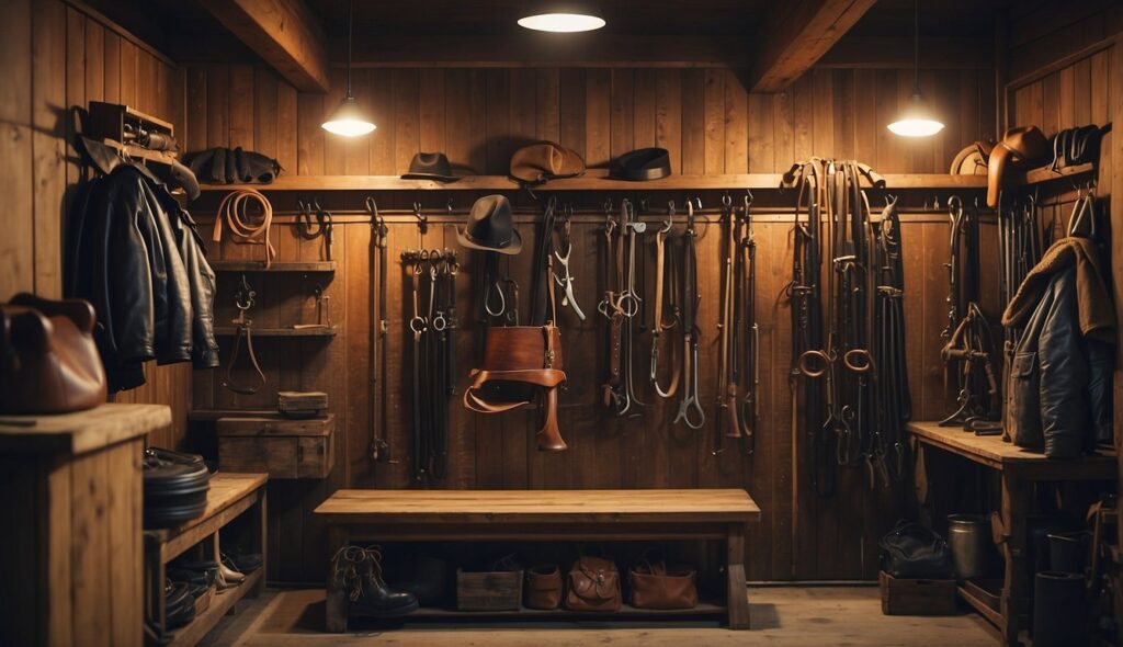 A selection of horse riding equipment and grooming tools displayed on a wooden rack in a well-lit stable