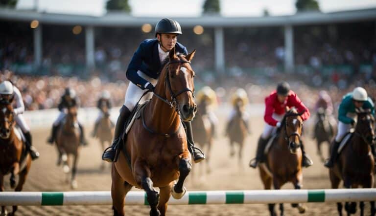 A crowded stadium, filled with cheering spectators, as top riders compete in a thrilling international equestrian competition
