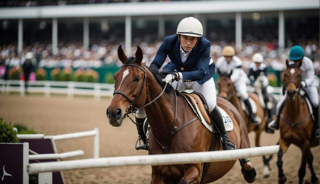 A crowded stadium at a prestigious international equestrian competition, with riders competing in various disciplines
