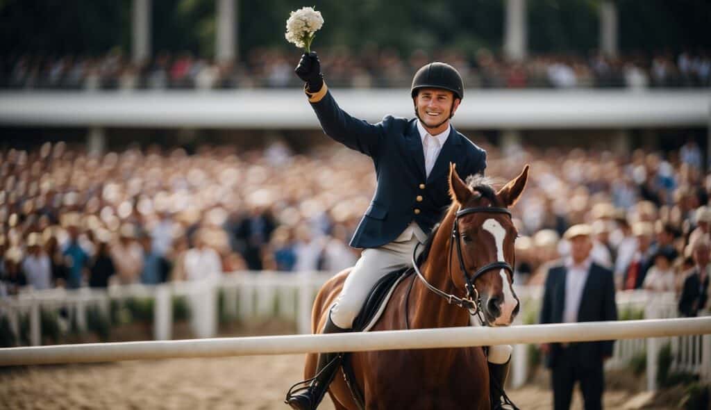 A grand equestrian competition with triumphant winners and cheering crowds