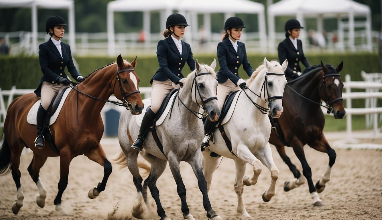 Women in equestrian sport: A group of female riders gracefully guiding their horses through a show jumping course