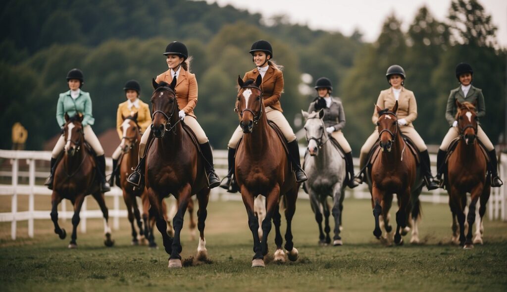 A group of women riding horses, showcasing the history and evolution of women in equestrian sports