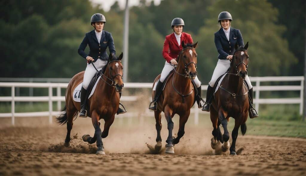 Women riding horses in various equestrian disciplines, showcasing their presence and skill in the sport