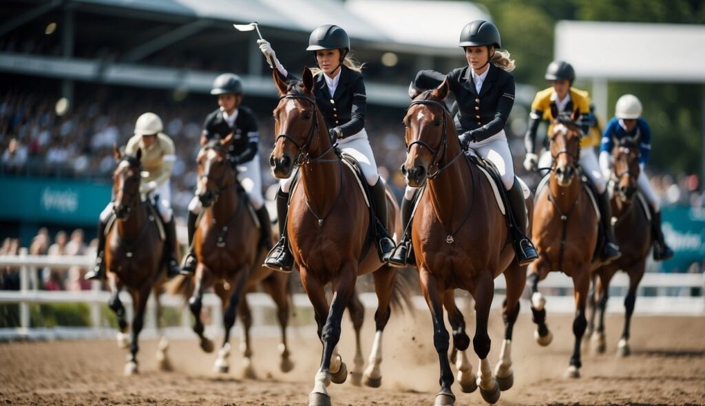 A group of women riders compete in a futuristic equestrian event, showcasing their skill and determination in the sport