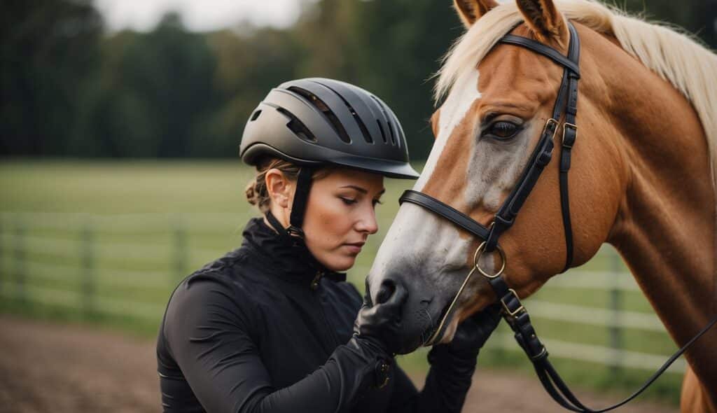 A rider carefully adjusts their helmet and checks the stirrups before mounting a horse, emphasizing the importance of injury prevention in equestrian activities