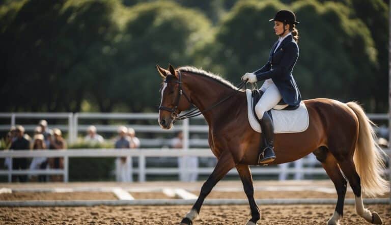 A rider guides a horse through precise movements in a dressage arena