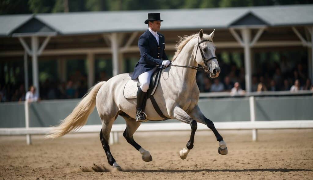 A horse gracefully executes dressage movements in a well-lit arena, under the guidance of a focused trainer