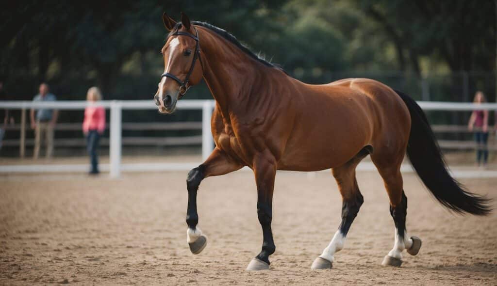 A horse gracefully performs dressage movements in a training arena