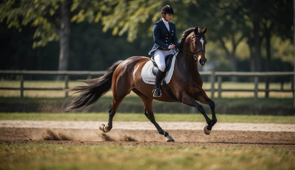A horse is undergoing specialized dressage training, performing precise movements and exercises in a controlled and graceful manner