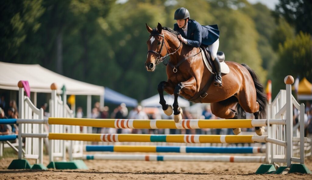 Horses jump over colorful obstacles in a beginner's show jumping course