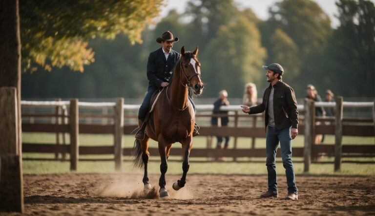 A horse being led by a handler in a round pen, with a rider receiving guidance from a therapist