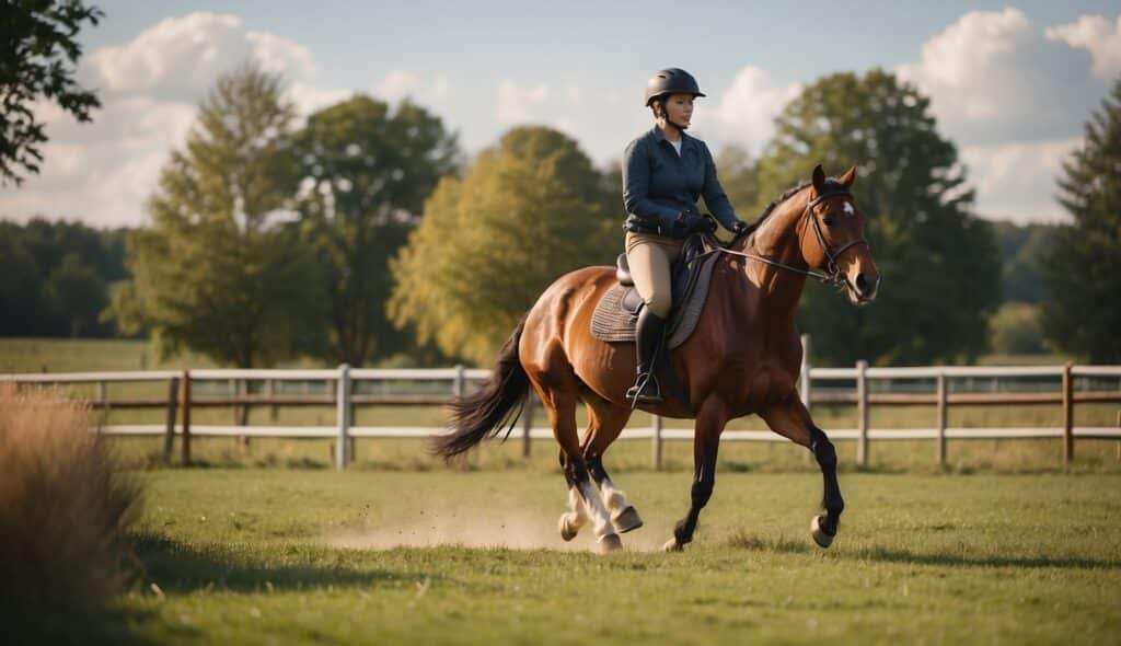 A horse and rider move gracefully through a therapeutic riding session, surrounded by a peaceful, natural setting