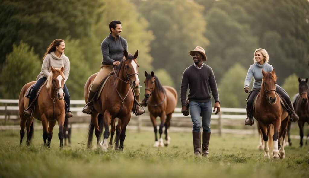 Therapeutic riding: diverse groups of people interacting with horses in a serene outdoor setting, conveying feelings of joy, connection, and healing
