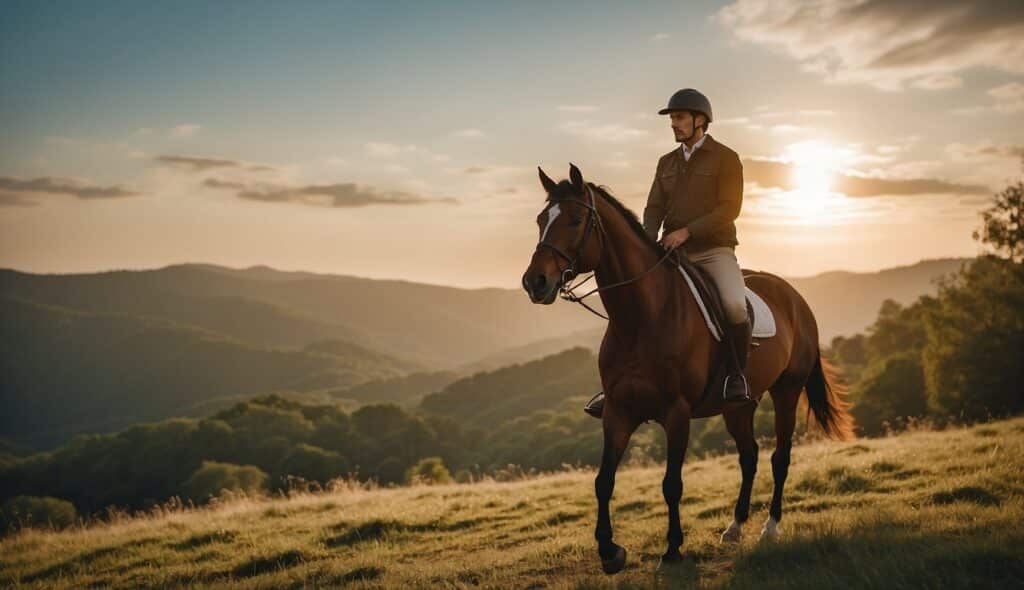 A serene landscape with a horse and rider engaged in therapeutic riding. The rider exudes confidence and focus, while the horse displays calmness and trust