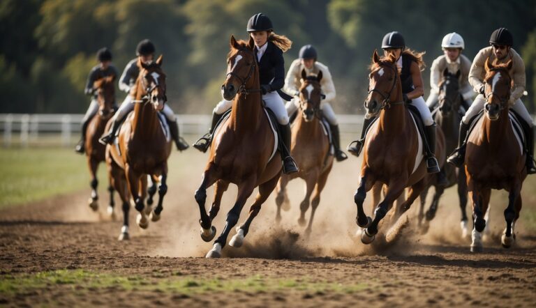 A group of horses of various breeds and sizes are being ridden and trained in a spacious outdoor arena. The riders are practicing jumps and dressage movements, while the horses show strength and grace in their movements