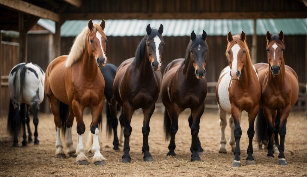 A variety of horse breeds in a stable setting, with different sizes, colors, and markings. Some horses are being groomed or fed, while others are resting or playing