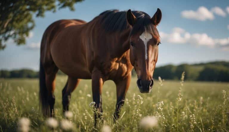 A horse peacefully grazing in a lush, open field with a clear blue sky and gentle breeze