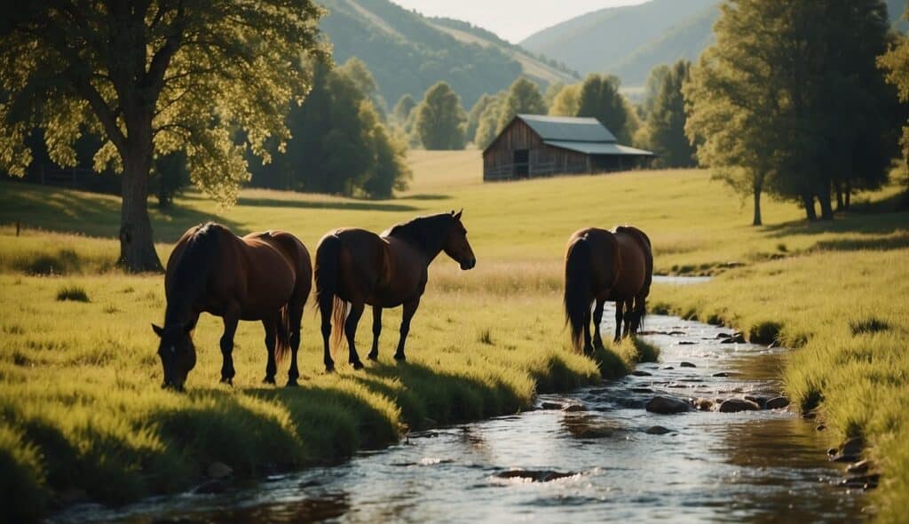 A serene pasture with grazing horses, a flowing stream, and a cozy barn nestled in the rolling hills