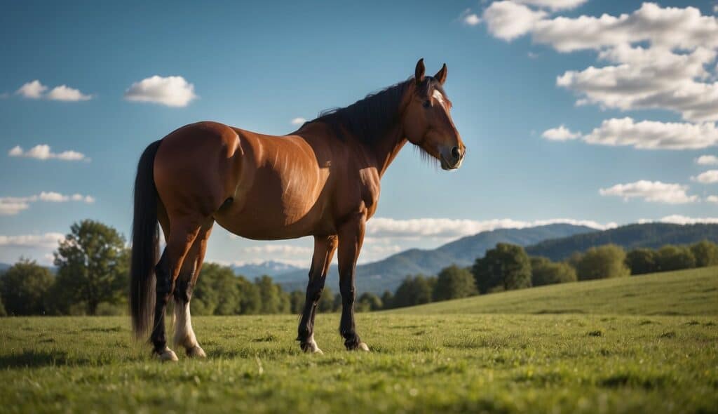 A horse peacefully grazing in a spacious, well-maintained pasture with lush green grass and a clear blue sky overhead
