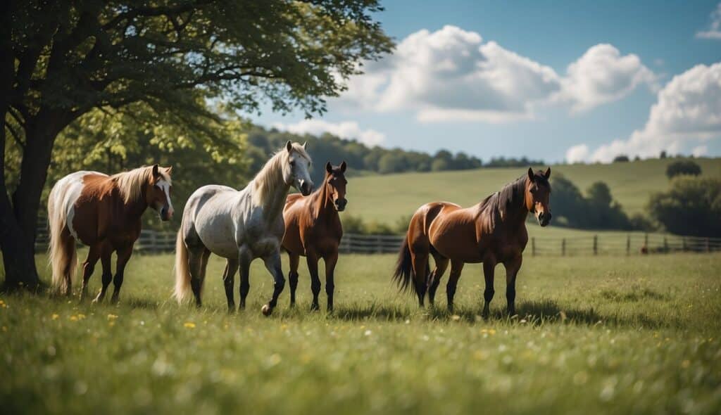 Horses grazing in a spacious, green pasture, with a bright blue sky and gentle breeze