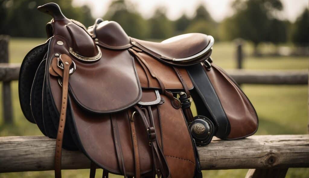 A saddle, bridle, and grooming tools lay on a wooden fence. A riding helmet and boots sit nearby, ready for a beginner to learn to ride