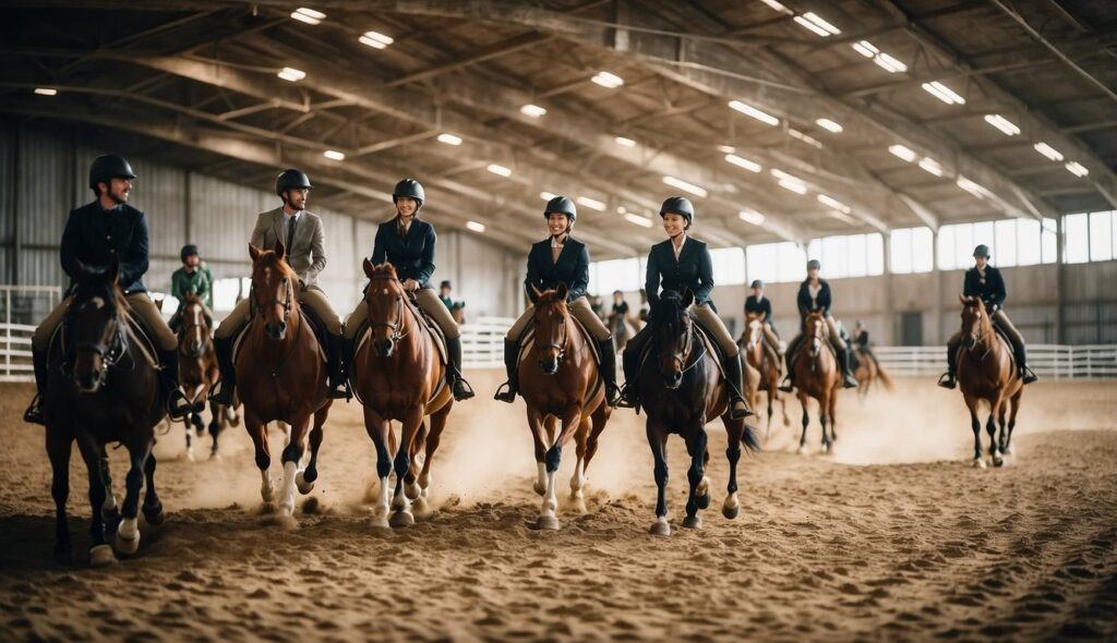 A group of riders learning to trot and canter in a spacious, well-lit indoor arena