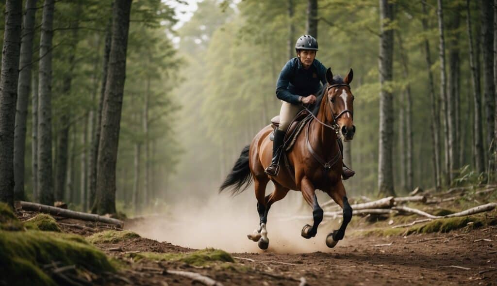 A horse gallops through a wooded trail, navigating over fallen logs and rocky terrain. The rider maintains a secure seat, with a focus on balance and control