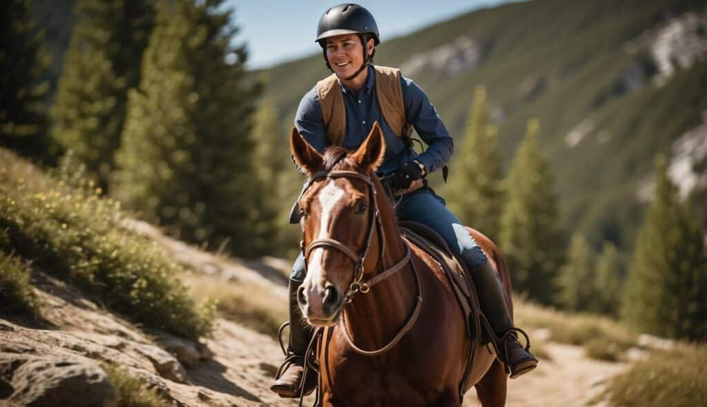 A horseback rider confidently navigates through a rugged terrain, showcasing the exhilarating experience of trail riding and the importance of safety