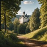Riding through a lush German forest, with a castle in the distance and a winding river alongside the trail