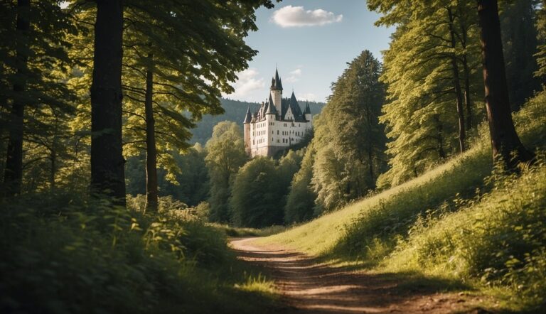 Riding through a lush German forest, with a castle in the distance and a winding river alongside the trail