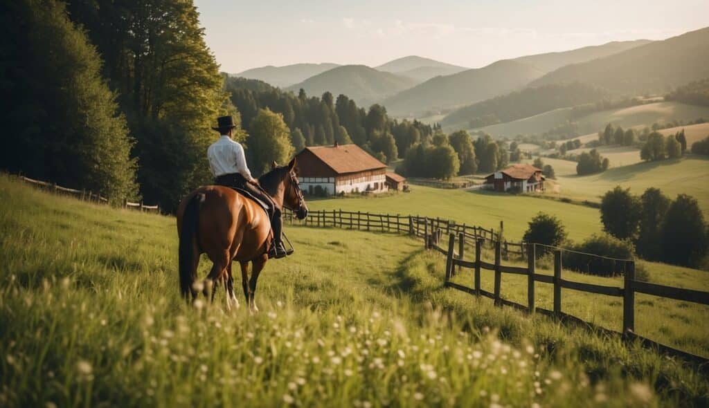 A serene countryside landscape with a traditional German riding school, featuring a quaint stable, lush green pastures, and a backdrop of rolling hills