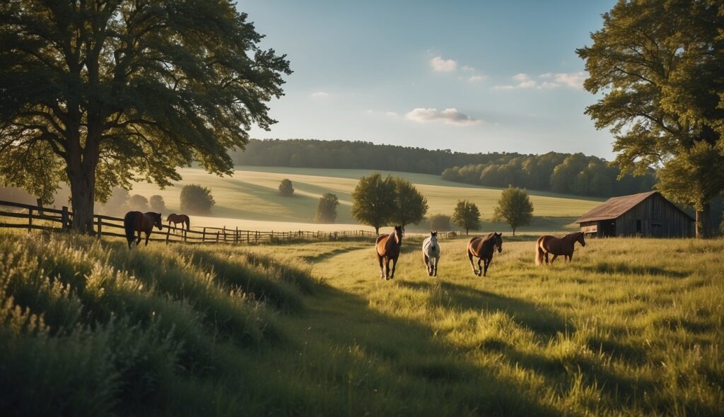 A serene countryside with lush green meadows, a rustic barn, and horses galloping freely under the clear blue sky