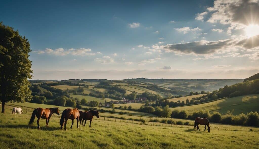 Lush green countryside with rolling hills, dotted with quaint villages and traditional half-timbered houses. Horses grazing in expansive fields, with a backdrop of dense forests and clear blue skies
